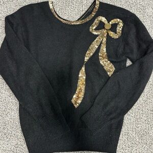 Black soft - silk, angora, lambs wool and nylon Sweater with Gold Sequin Bow